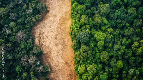 Lush green forest transitioning to dry desert landscape, showcasing stark contrast between vibrant vegetation and arid land. This image captures beauty and fragility of nature