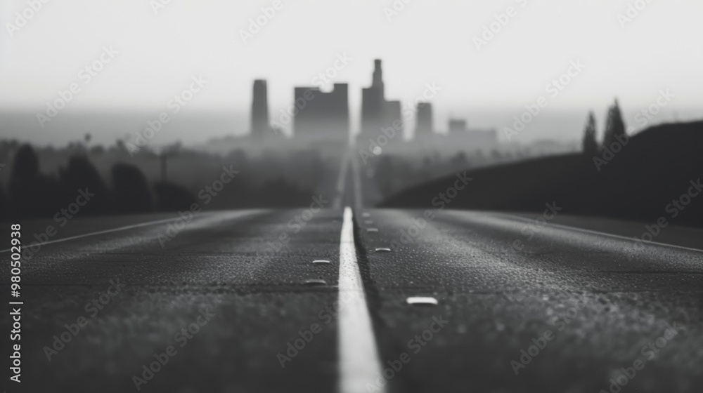 A long road leads directly to the iconic Downtown Los Angeles skyline, surrounded by a hazy, atmospheric setting during twilight A long road leads directly to the iconic Downtown Los Angeles skyline, surrounded by a hazy, atmospheric setting during twilight