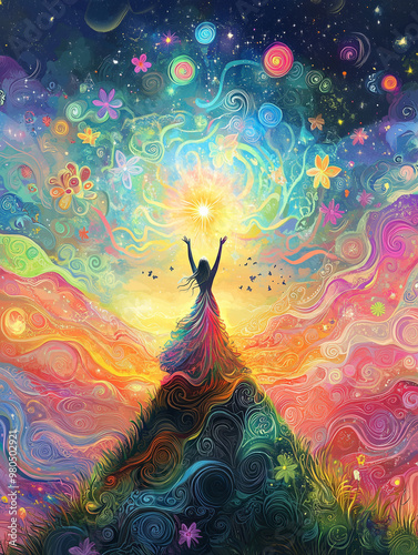 A goddess standing on a mountain top amidst grassland, with a vast wilderness stretching into the distance. She raises her hands high toward a rainbow sky with an exceptionally bright star above. 