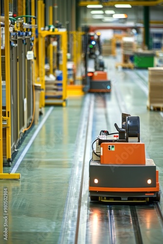 Automated Guided Vehicles (AGVs) Transport Materials Across A Factory Floor. The Vehicles Follow Precise Routes Without