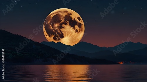 beauty nature full moon after sunset at sea mountain background Generative AI