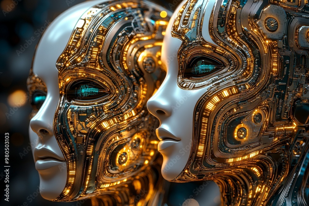 Dual golden robotic faces with intricate mechanical details symbolizing AI driven robotics and cybernetic evolution in futuristic design Dual golden robotic faces with intricate mechanical details symbolizing AI driven robotics and cybernetic evolution in futuristic design