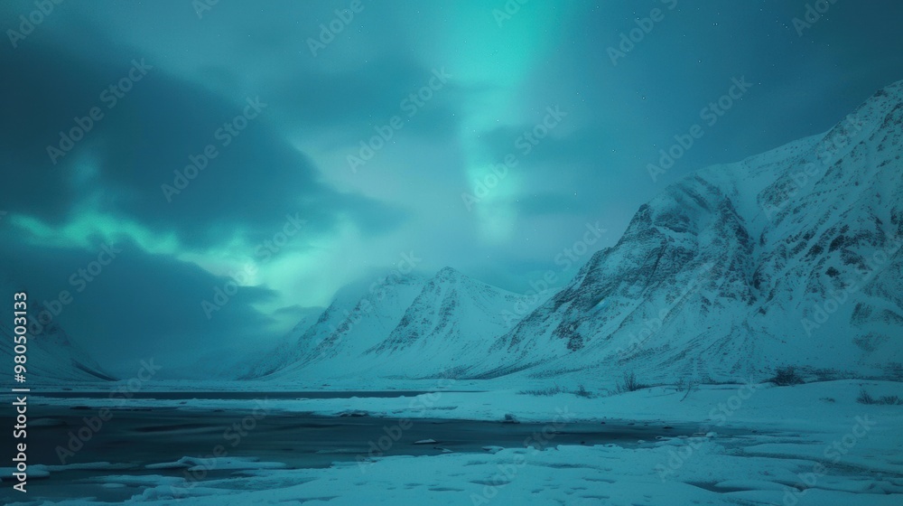 Vibrant northern lights illuminate a tranquil snowy mountain landscape during twilight hours, creating a breathtaking natural display Vibrant northern lights illuminate a tranquil snowy mountain landscape during twilight hours, creating a breathtaking natural display