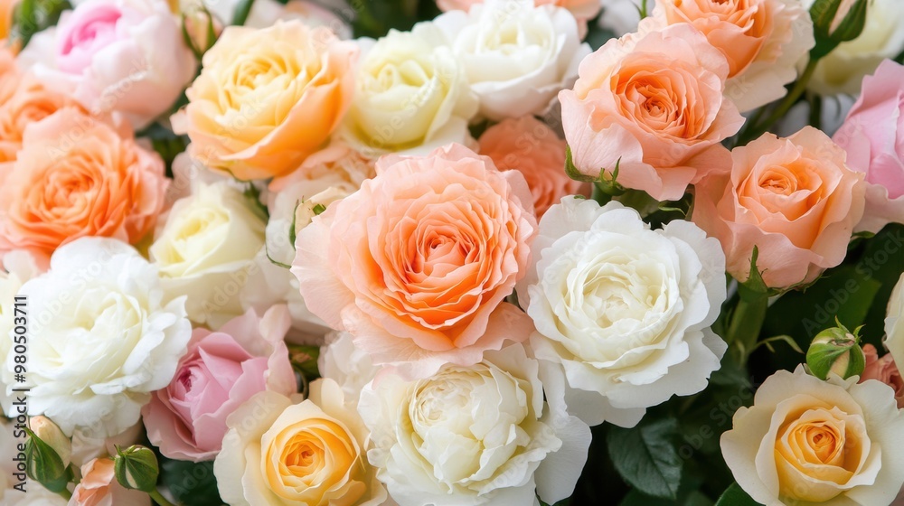 A lovely floral arrangement features soft pastel roses in shades of peach, cream, and pink, perfect for spring gatherings A lovely floral arrangement features soft pastel roses in shades of peach, cream, and pink, perfect for spring gatherings