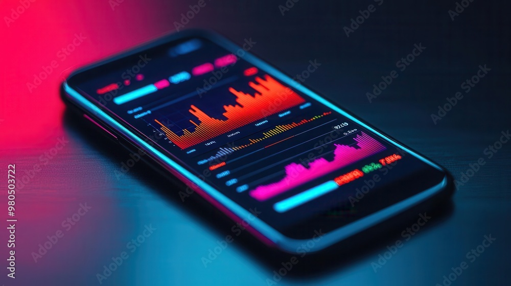 A smartphone displaying a glowing digital banking dashboard, with real-time updates on transactions and savings, efficient and modern A smartphone displaying a glowing digital banking dashboard, with real-time updates on transactions and savings, efficient and modern