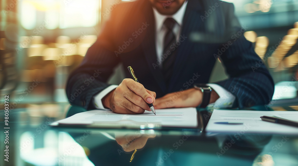 Close-up of a businessman confidently signing a contract, with a blurred background of financial documents symbolizing price guarantees and business security. The scene emphasizes professionalism, tru Close-up of a businessman confidently signing a contract, with a blurred background of financial documents symbolizing price guarantees and business security. The scene emphasizes professionalism, tru