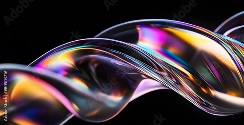 3D render Black background, gradient lines in the shape of curved edges, dark silver and light blue style, glassy texture, blurred motion effect, flowing curves,