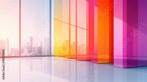 A colorful glass wall with city view in the background, AI
