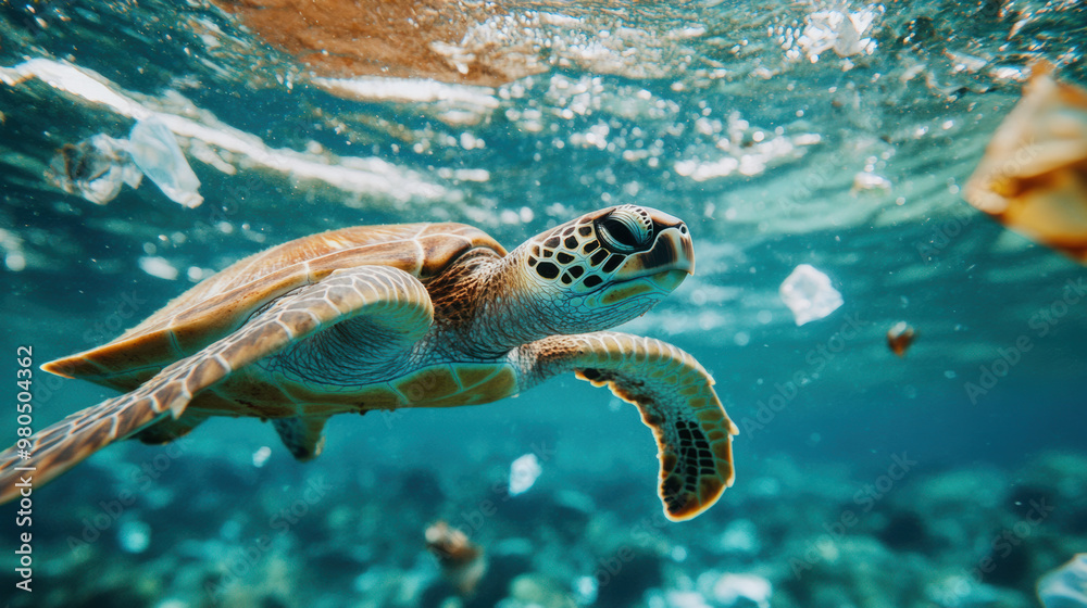 Fototapeta premium A sea turtle gracefully swims through vibrant underwater scene, surrounded by plastic waste, highlighting urgent need for ocean conservation