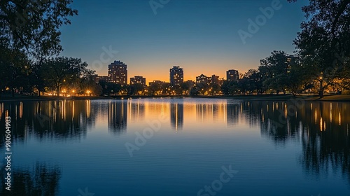 Cityscape Reflected in Tranquil Water at Dusk photo