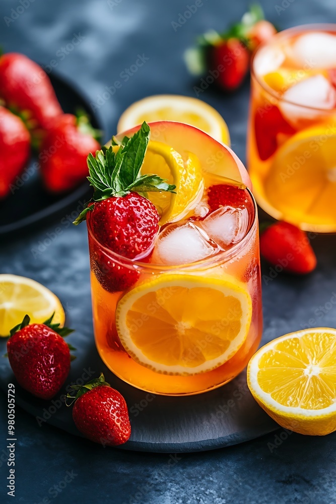 Two glasses of refreshing summer lemonade with fresh strawberries and lemon slices on a dark background. Two glasses of refreshing summer lemonade with fresh strawberries and lemon slices on a dark background.