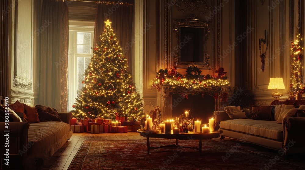 Fototapeta premium Cozy Portuguese living room with a beautifully adorned Christmas tree and warm glow from the fireplace