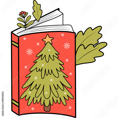 Christmas book opened doodle clipart, Retro groovy bookish xmas illluatration photo