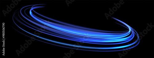 Abstract blue speed light lines neon ring glowing circle round movement on black background vector