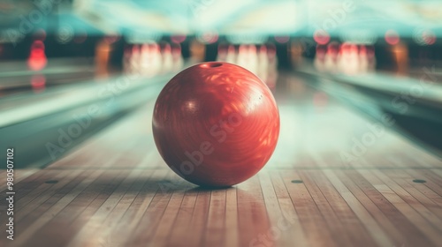 The bright red bowling ball glides smoothly toward the pins on the shiny wooden lane at a bustling bowling alley