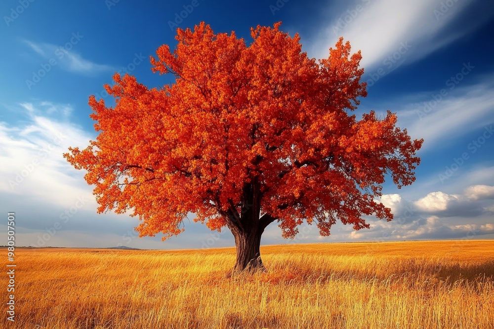 Obraz premium A towering tree with fiery orange foliage, its branches extending towards the sky, standing alone in a vast field, representing the strength and beauty of nature