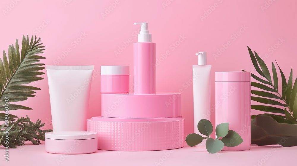 Arrangement of pink skincare products and packaging with green leaves on a soft pink background Arrangement of pink skincare products and packaging with green leaves on a soft pink background