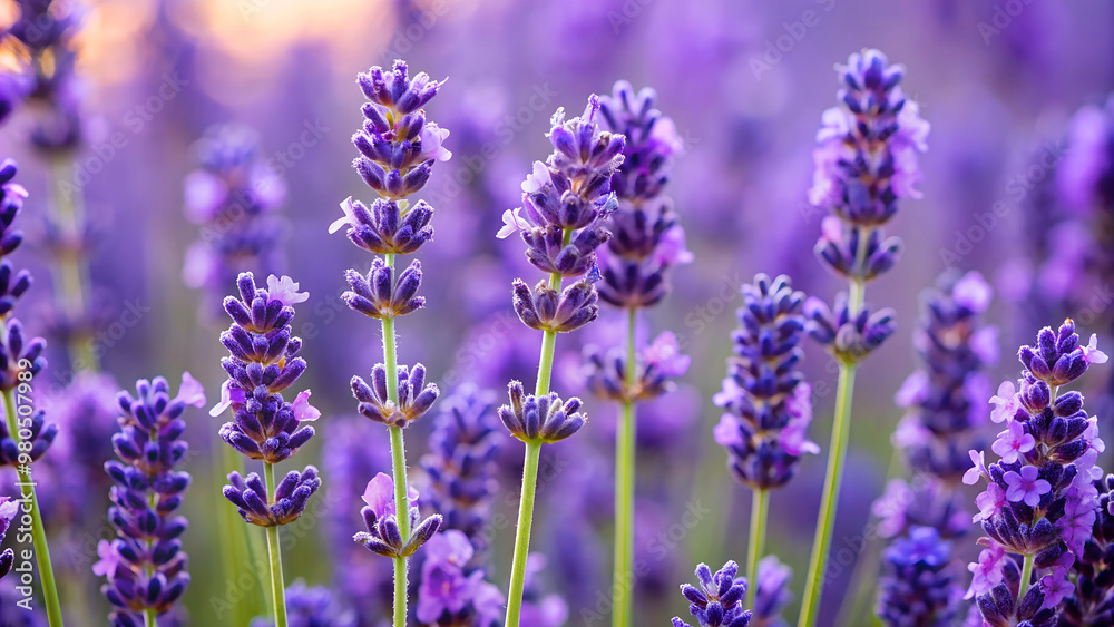 A close-up of an English lavender flower in a garden with a selective focus background. A close-up of an English lavender flower in a garden with a selective focus background.