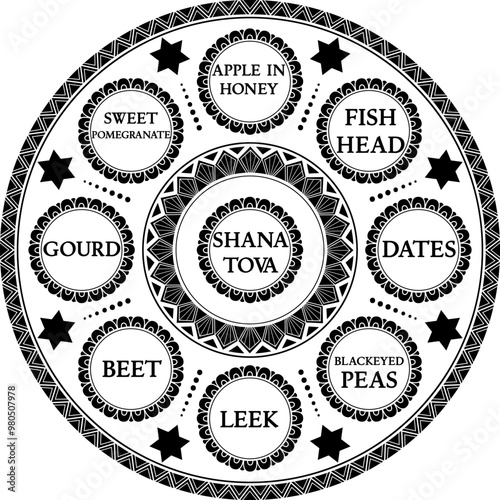 Black flat detailed Jewish new year simanim plate illustration. Ornamental artwork of traditional Rosh Hashanah meal plate with English titles photo