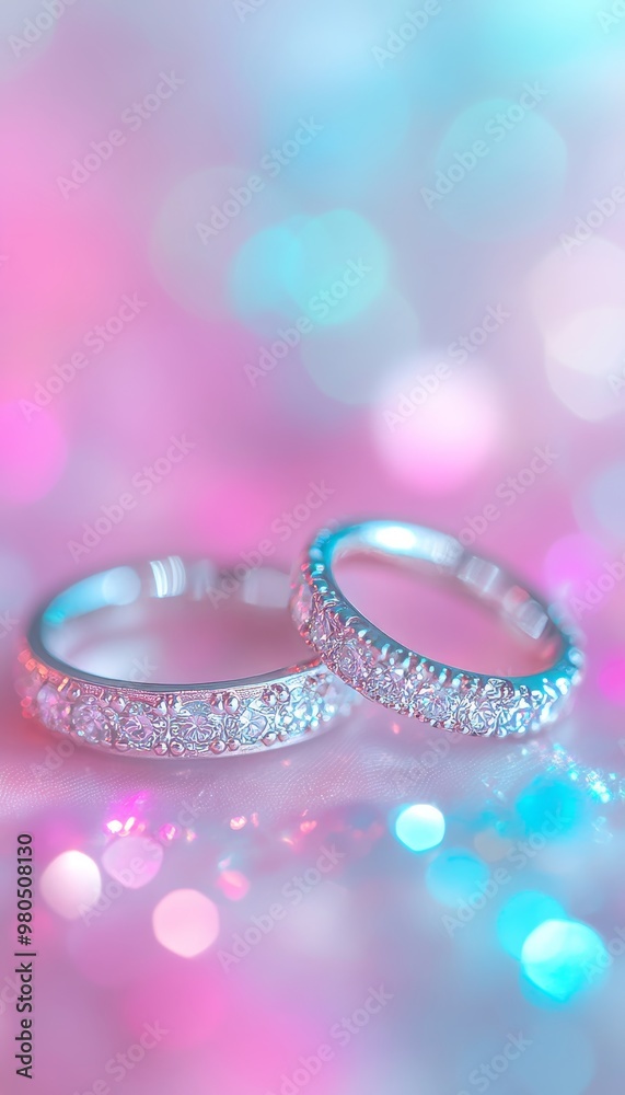 Two Diamond Wedding Rings on a Romantic, Sparkling Background with Copy Space for Marketing Two Diamond Wedding Rings on a Romantic, Sparkling Background with Copy Space for Marketing