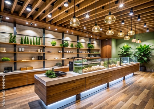 Upscale dispensary's elegant checkout counter displays high-quality cannabis products, including premium buds, concentrates, and edibles, under modern track lighting and sleek wooden accents. photo