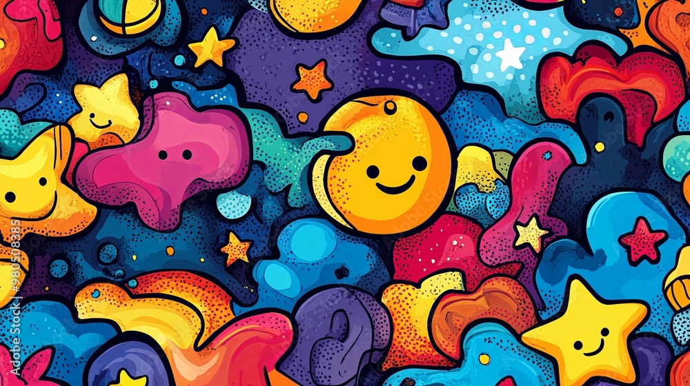 Abstract Colorful Pattern with Smiling Stars and Moons Abstract Colorful Pattern with Smiling Stars and Moons