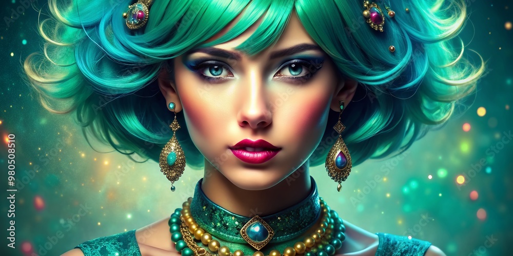 Vibrant teal pigtails frame a bold, made-up face, adorned with sparkling jewelry, against a radiant gradient background, exuding confidence and playfulness. Vibrant teal pigtails frame a bold, made-up face, adorned with sparkling jewelry, against a radiant gradient background, exuding confidence and playfulness.