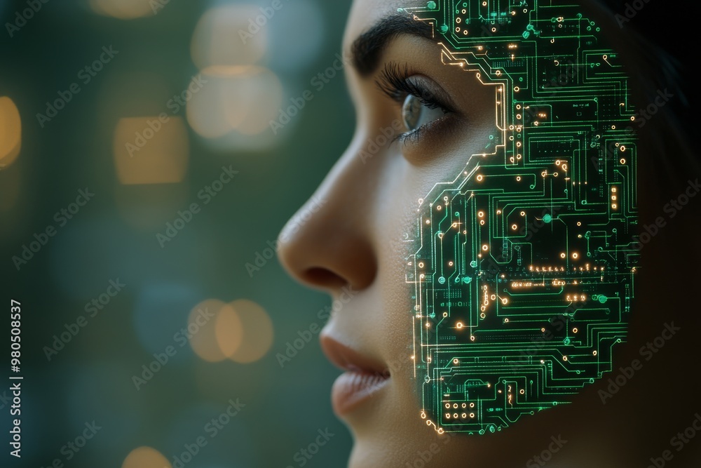 Womans face merging with digital circuit patterns representing AI ...