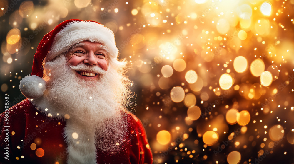 Photo of happy santa claus on defocused bokeh effect background with copy space. Christmas concept. Photo of happy santa claus on defocused bokeh effect background with copy space. Christmas concept.