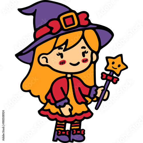 cute halloween witch costume illustration for card website, application, printing, document, poster design, etc.