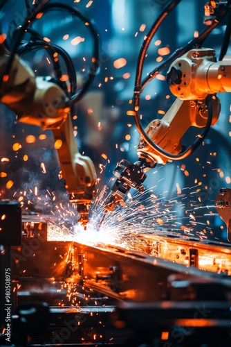 Robots Weld Metal Parts Together On An Assembly Line. The Welding Is Done With Precision And Speed