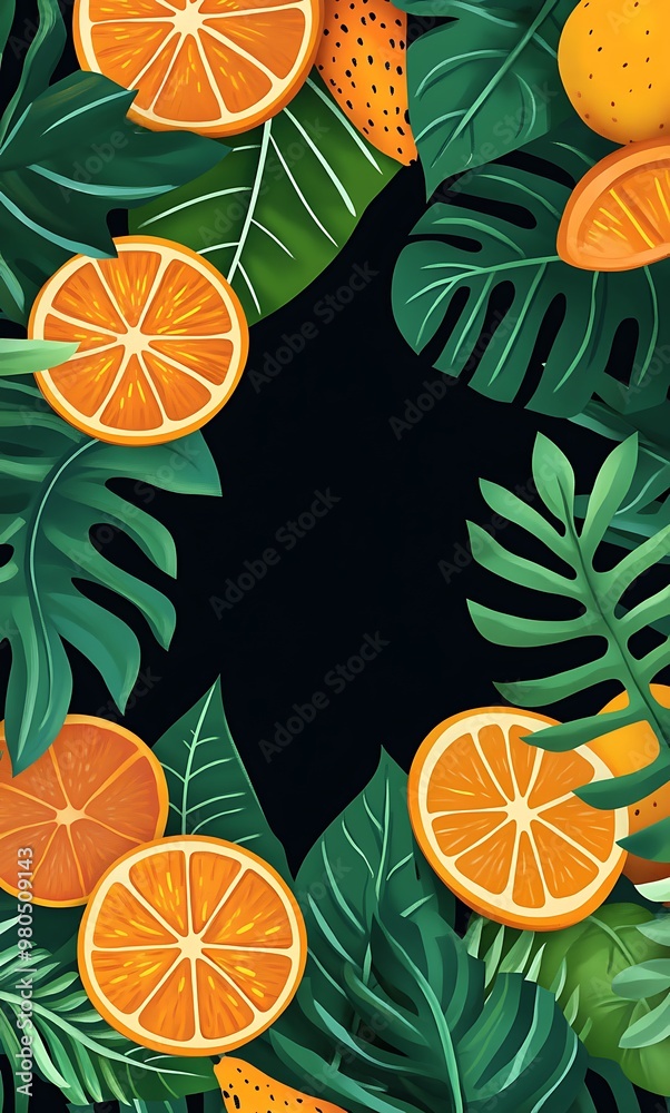 Tropical fruit and leaves frame with copy space. Tropical fruit and leaves frame with copy space.