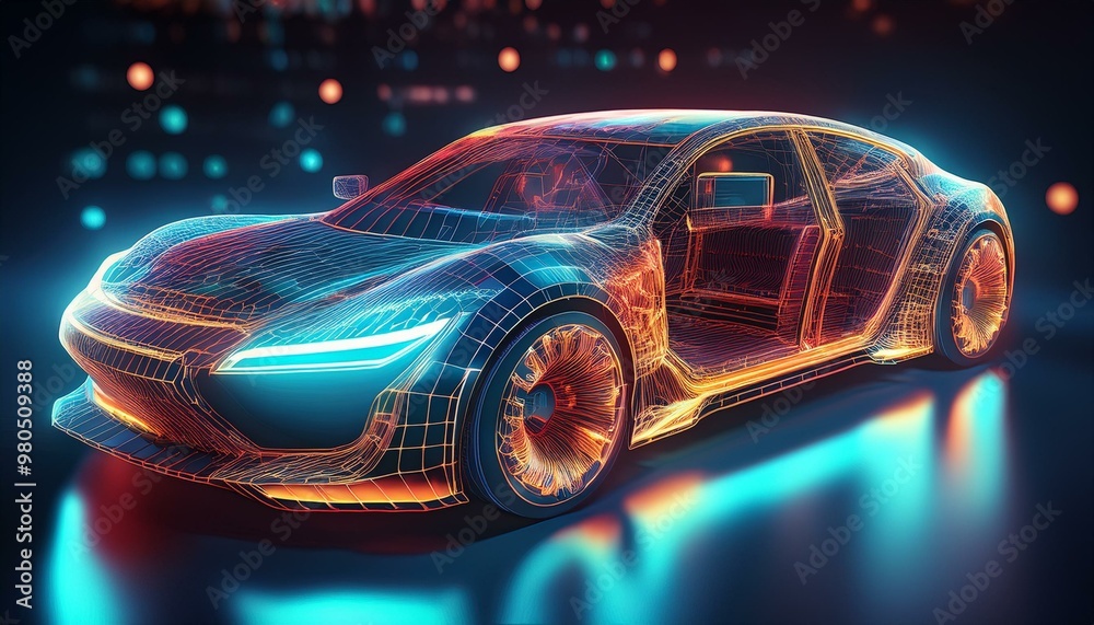 Naklejka premium 3D illustration showcasing a futuristic car technology concept with wireframe intersection, highlighting innovative design.