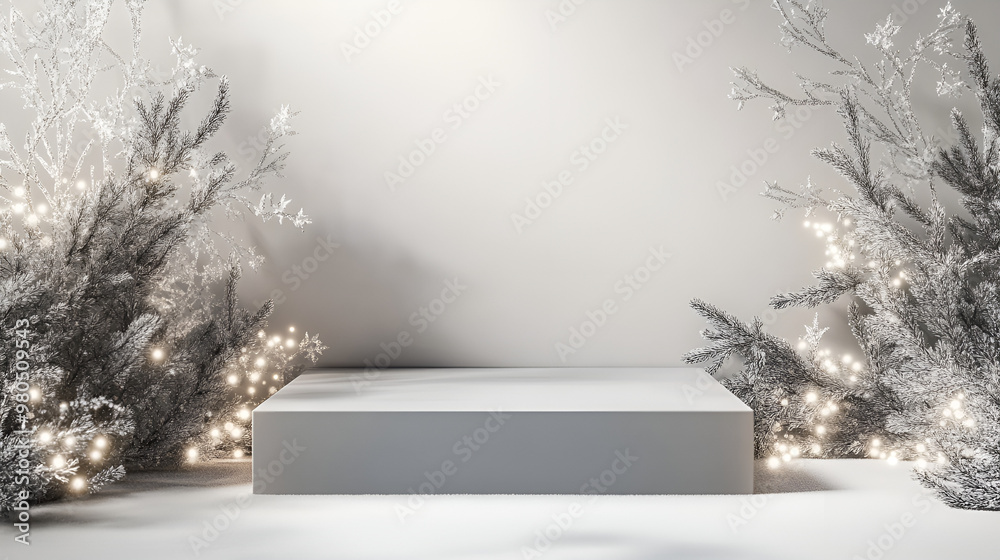 Fototapeta premium Matte grey display stand with frosted branches and snowflake lights for high end cosmetics