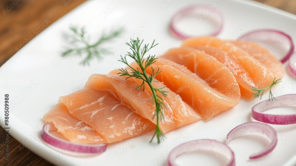 A selection of delicately sliced smoked salmon, arranged artfully on a clean white plate, garnished with thinly sliced A selection of delicately sliced smoked salmon, arranged artfully on a clean white plate, garnished with thinly sliced