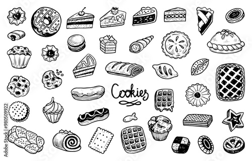 Large set of sweet desserts hand drawn doodle. Tasty food. Pastries, cakes, candies, cookies, pies, muffins, waffles. Vector outline line art illustration.