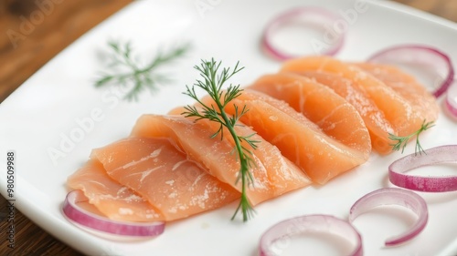 A selection of delicately sliced smoked salmon, arranged artfully on a clean white plate, garnished with thinly sliced