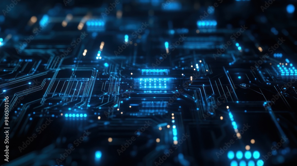 Quantum computing circuit board with glowing particles and digital connections, symbolizing the futuristic technology of quantum mechanics, set against a dark background with a blue neon glow Quantum computing circuit board with glowing particles and digital connections, symbolizing the futuristic technology of quantum mechanics, set against a dark background with a blue neon glow