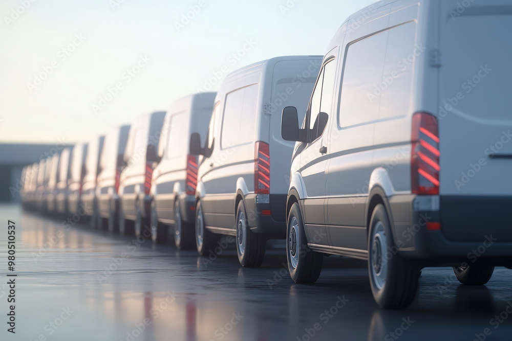 A fleet of pristine white cargo vans lined up at a distribution center, ready for delivery. A fleet of pristine white cargo vans lined up at a distribution center, ready for delivery.