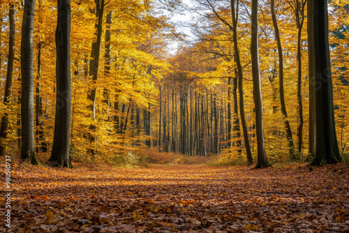 A vibrant autumn landscape with a carpet of fallen leaves in a forest clearing, surrounded by towering trees dressed in rich shades of yellow and orange