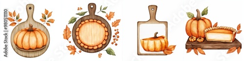 Vintage cutting boards with pumpkin pie and pumpkins create cozy autumn vibe. warm colors and seasonal elements evoke sense of nostalgia and comfort.