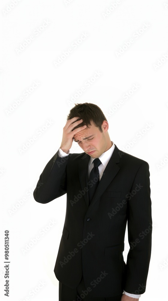 A young businessman in a suit with his hand on his head, feeling unwell and sick, reflecting stress and uncertainty, low employment A young businessman in a suit with his hand on his head, feeling unwell and sick, reflecting stress and uncertainty, low employment
