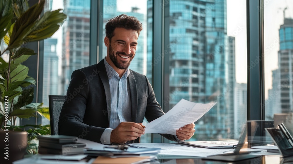 Success-driven businessman in a modern office, confidently smiling while reviewing documents on his desk, large window with cityscape view in the background, professional and motivational atmosphere Success-driven businessman in a modern office, confidently smiling while reviewing documents on his desk, large window with cityscape view in the background, professional and motivational atmosphere