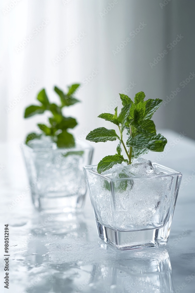 Two Refreshing Summer Cocktails with Ice and Fresh Mint Sprigs, Isolated on White Background Two Refreshing Summer Cocktails with Ice and Fresh Mint Sprigs, Isolated on White Background