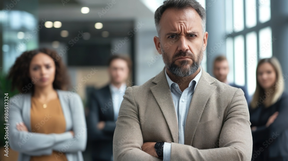 Supervisor standing with a bored expression, looking confused while surrounded by a diverse team of colleagues in a modern office setting, blurred background for focus
