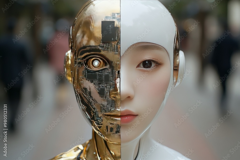 Woman’s face half robotic with mechanical features symbolizing human AI integration and the blending of organic and artificial intelligence Woman’s face half robotic with mechanical features symbolizing human AI integration and the blending of organic and artificial intelligence