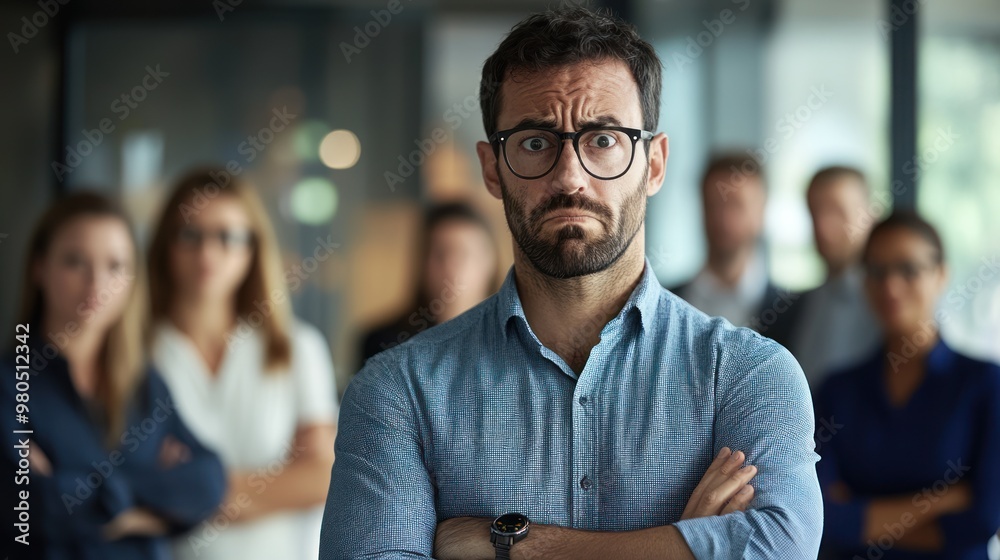 Supervisor standing with a bored expression, looking confused while surrounded by a diverse team of colleagues in a modern office setting, blurred background for focus Supervisor standing with a bored expression, looking confused while surrounded by a diverse team of colleagues in a modern office setting, blurred background for focus