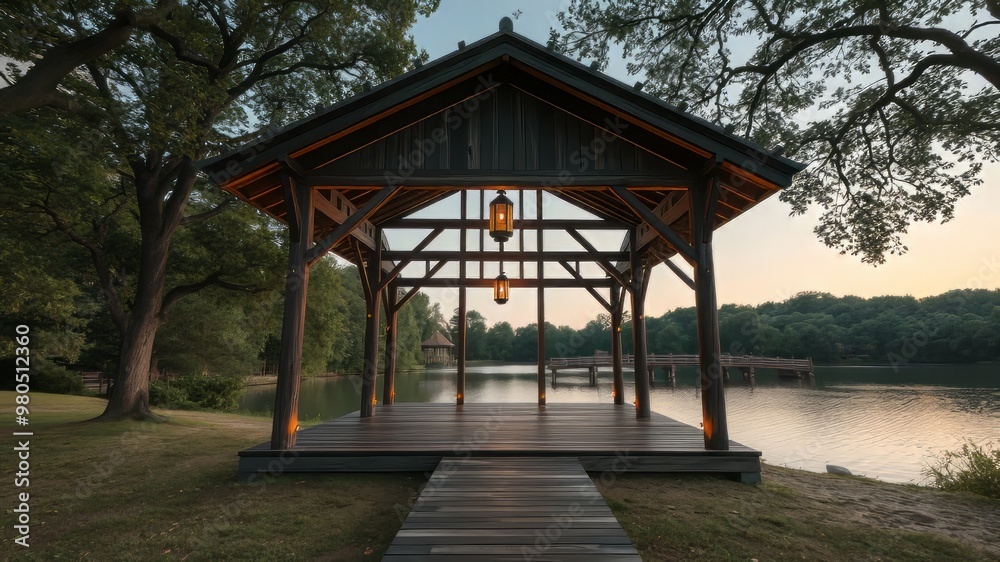 A serene evening scene featuring a majestic wooden pavilion surrounded by lush greenery, with twinkling string lights A serene evening scene featuring a majestic wooden pavilion surrounded by lush greenery, with twinkling string lights