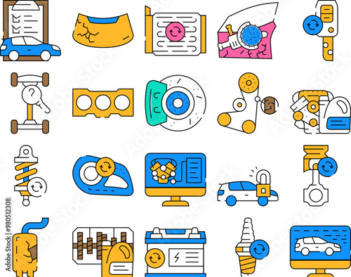 Car Service Technical Maintenance Icons Set Vector. Car Service Worker With Equipment For Repair And Computer Diagnostic Digital Analyzing, Changing Oil In Gearbox Engine color Contour Illustrations