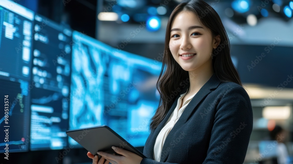 Fototapeta premium Young adult Asian woman with a confident smile standing in a modern tech workspace, holding a tablet while looking at the camera, surrounded by digital screens and tech gadgets
